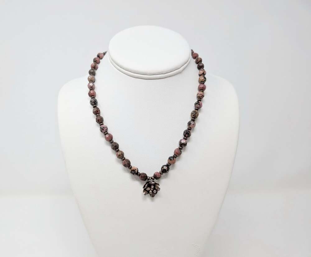 Rhodonite Beaded Necklace Flower Cluster Lotus Bud Pendant